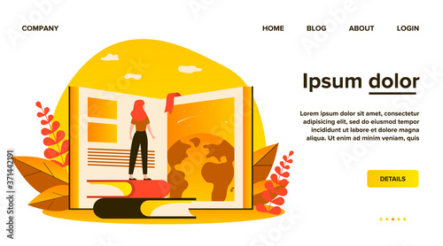 Student girl standing at open book, studying global literature, training skills. Flat vector illustration for education, knowledge, school, library concept