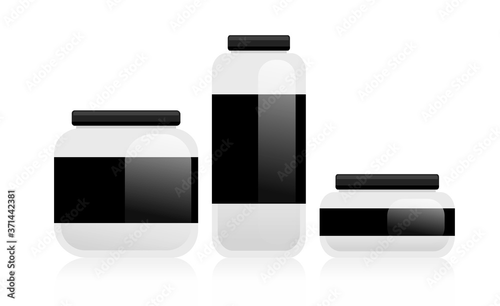 3 sizes of blank clear jar with lid for cosmetic, supplements or food product. Vector illustration isolated on white background with reflection shadow. Ready to use for package design. 3 sizes of blank clear jar with lid for cosmetic, supplements or food product. Vector illustration isolated on white background with reflection shadow. Ready to use for package design.