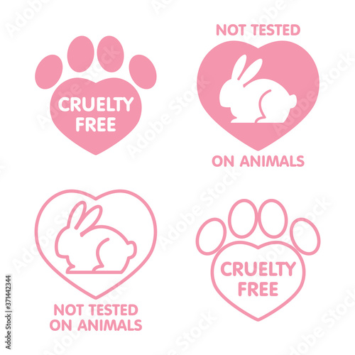 Vector set of icons, signs, design elements, logo design template and badges for natural and organic cosmetics. Includes rabbit, animal paw print and heart shape. No animal testing. Cruelty free.