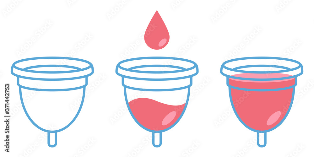 Menstrual cup in use, female period hygiene product. Vector illustration set isolated on white.