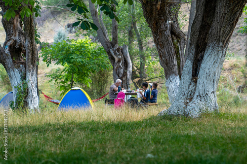 Ankara/Turkey - August 09 2020: Blurred view of a family eating on a table next to a camping tent and hammock set on green grass and among trees.
