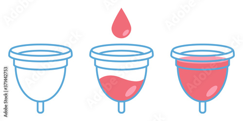 Menstrual cup in use, female period hygiene product. Vector illustration set isolated on white.