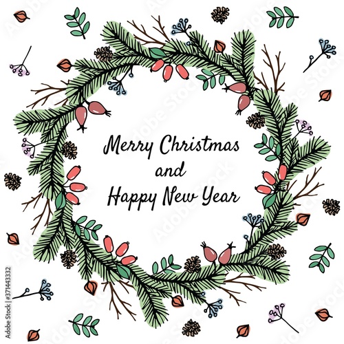 Hand draw Christmas wreath with christmas tree twig, herbs, physalis, pinecone, barberry and dog rose on white background. Design for your greeting cards, banners, flyers. Vector illustration