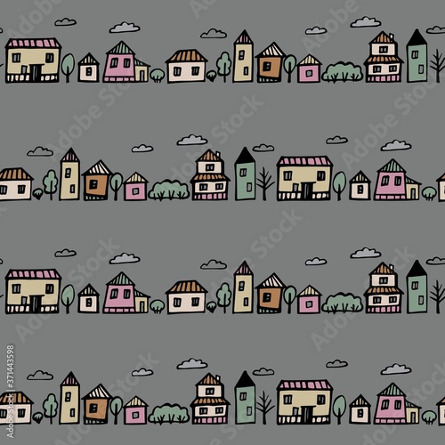 Hand drown houses seamless pattern on gray background. Vector illustration