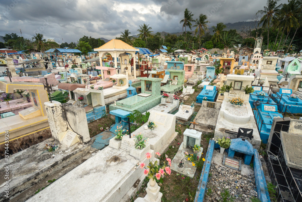 Landscape of the famous Santa Fe Cemetery with graves of different colors in chaotic arrangement