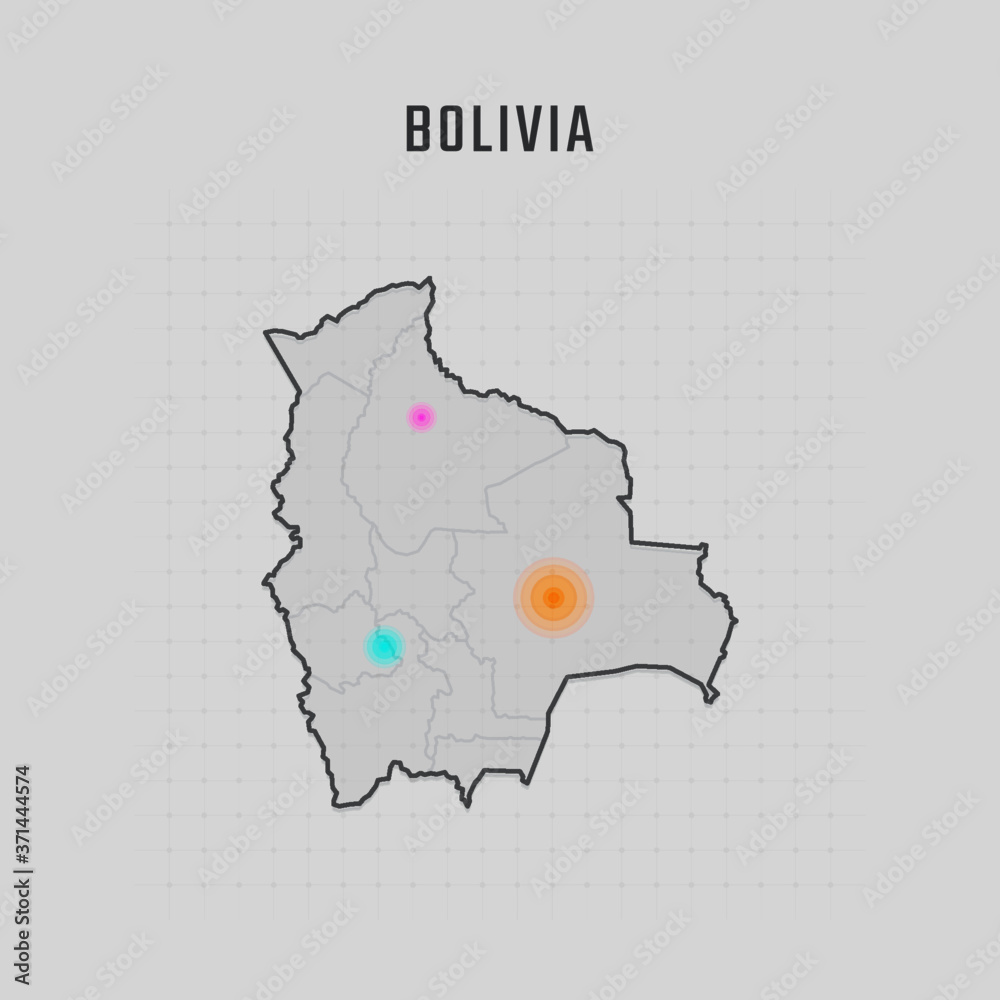Map of Bolivia with all states and radar spot on map. Each city has separately for your design. Vector Illustration