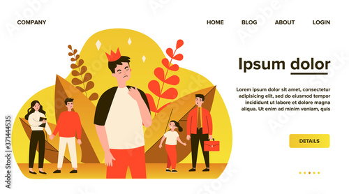 Proud man wearing crown. Arrogant, selfish, unpleasant person flat vector illustration. Communication problems, ego concept for banner, website design or landing web page