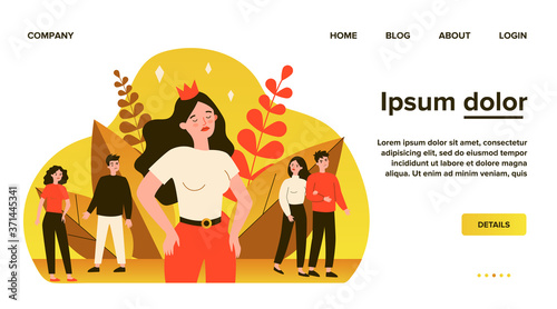 Selfish girl and society flat vector illustration. Arrogant young woman not seeing angry people. Social problem and communication concept.