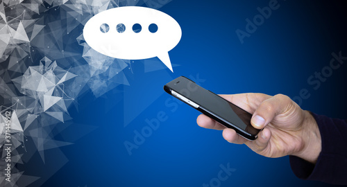 Hand of man typing text on mobile smartphone. Online chat chatting on application communication digital media website and social network.
