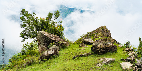 Picture of Himalayas mountains covered with fog. Green hills with forest behind the clouds. Hiking, trekking in Nepal.