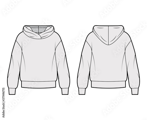 Oversized cotton-fleece hoodie technical fashion illustration with relaxed fit, long sleeves. Flat outwear jumper apparel template front, back, grey color. Women, men, unisex sweatshirt top CAD mockup