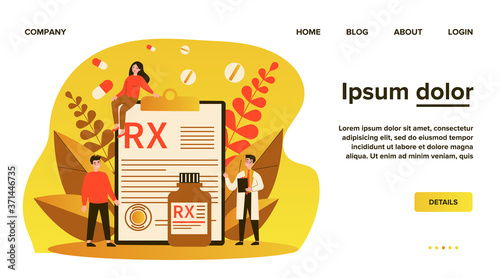 Pharmacist and patients presenting RX prescription. Doctor recommending painkiller drugs. Vector illustration for pharmacy, medication, disease, therapy concept