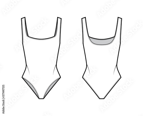 Stretch-jersey bodysuit technical fashion illustration with open back, deep square neckline. Flat outwear one-piece apparel template front, back, white color. Women men unisex swimsuit CAD mockup. 