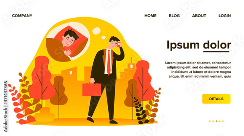 Tired sleepy office man walking to work. Sad exhausted businessman going outside. Flat vector illustration for coffee addiction, insomnia, sleep problem concept