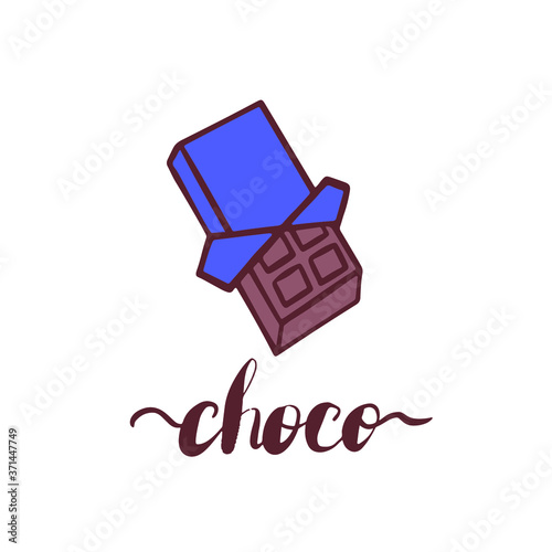 Chocolate bar icon brown blue isolated on white background. Outline hand drawn print. Sweet candy delocious dessert. photo