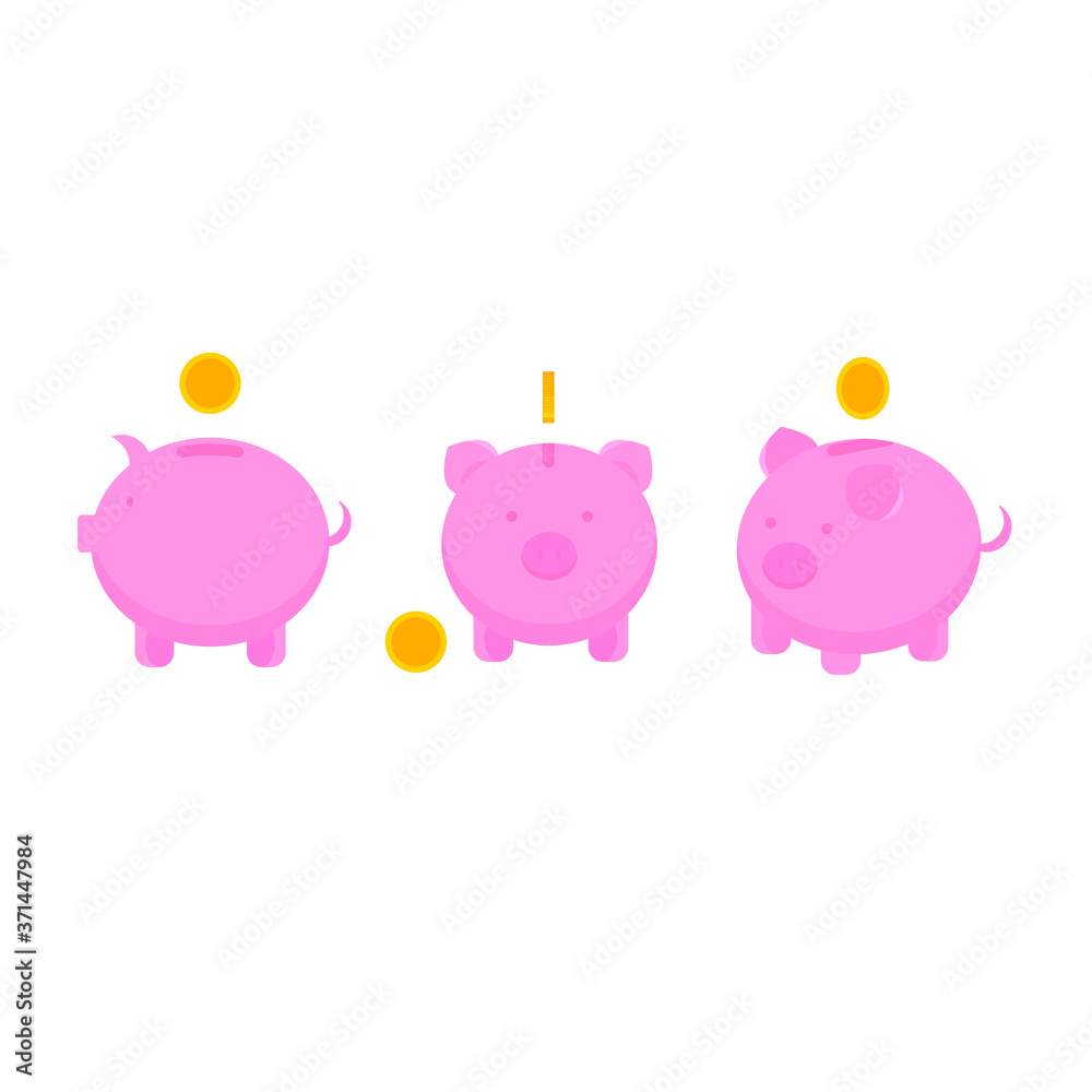 A set of a piggy bank with coins in flat style isolated on white background. A set of a piggy bank with coins in flat style isolated on white background.