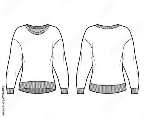 Cotton-terry sweatshirt technical fashion illustration with relaxed fit, crew neckline, long sleeves. Flat outwear jumper apparel template front, back, white color. Women, men, unisex top CAD mockup