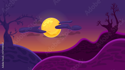 Night landscape with abstract mountains and gloomy trees. Full moon with clouds. Background for Halloween greeting card, poster or invitation to a party. Vector dark illustration.