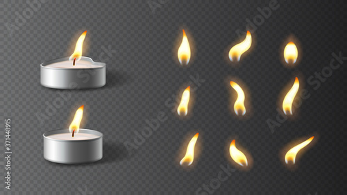 Realistic tea candles with set of flames. Vector illustration with 3d burning tea candles isolated on checkered background.