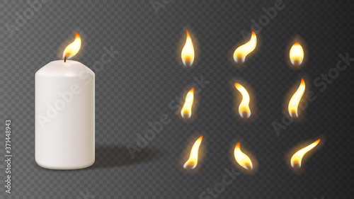 Realistic white candle with set of flames. Vector illustration with 3d burning white candle isolated on checkered background.