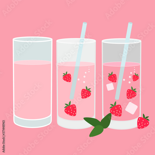Image of three glasses with a pink cocktail, strawberries, a cocktail tube, ice and mint