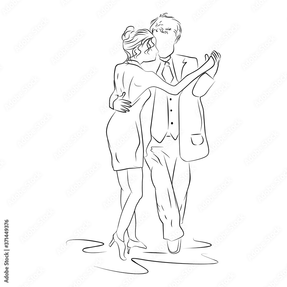 Fototapeta premium Tango dancing pair silhouette isolated on white background. Sketch of dancing couple in line style. Couple dancing ballroom love dance. Happy loving couple. Romantic scene in a passionate dance.Vector