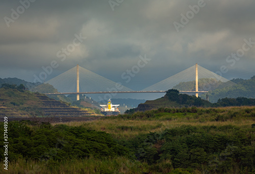 Tanker ship in the Panama Canal. Large crude oil tanker crossing the Panma Canal.
