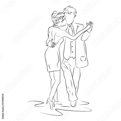 Tango dancing pair silhouette isolated on white background. Sketch of dancing couple in line style. Couple dancing ballroom love dance. Happy loving couple. Romantic scene in a passionate dance.Vector