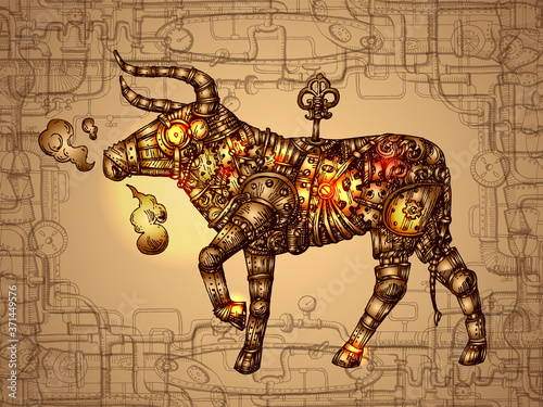 Mechanical bull. Hand drawn vector steampunk animal