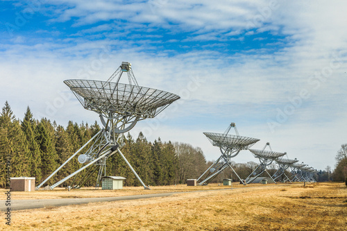 Westerbork synthesis Radio Telescope is formed by 14 parabolic antennas  with a total length of 2.7 km in the woods near Westerbork in the Dutch province of Drenthe photo