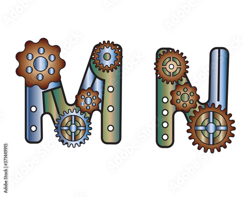 The Font In The Style Of Steampunk. Mechanical metal alphabet with gears. letter M N vector illustration of an old steampunk alphabet for logo and text. For design and decoration.