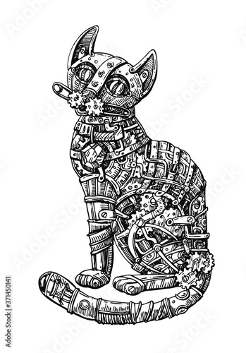 Mechanical cat. Hand drawn vector illustration.