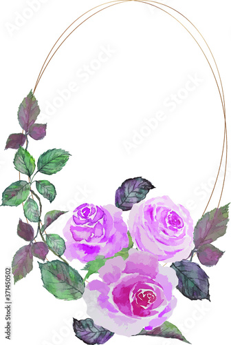 Vintage white and red bouquet painting watercolor with round ellipse of double golden wire frames illustration vector photo