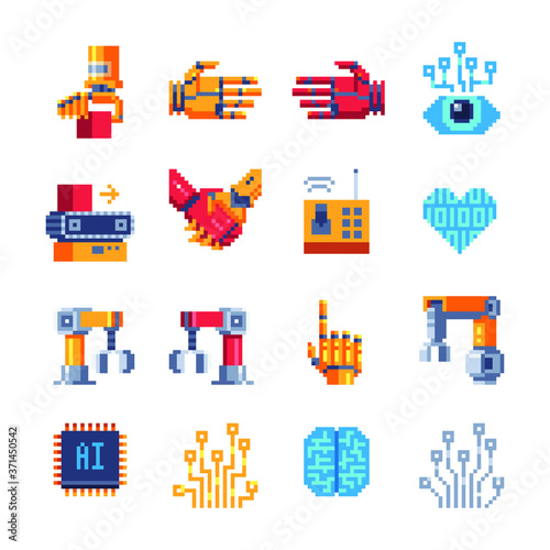 Technology Ai. Information technology pixel art icons set. Robot arm. Brain and cerebrum. Artificial intelligence data micro circuit and microchip. Isolated vector. Design for stickers, logo, app.