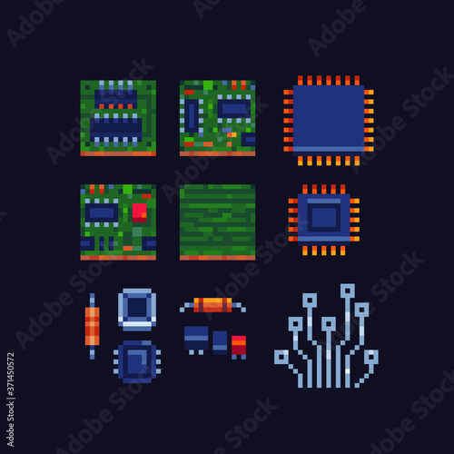 Technology laptop chip. Electronics pixel art icons set. Artificial intelligence data micro circuit. Central processing unit, microchip. Isolated vector illustration.  Design for logo, app.