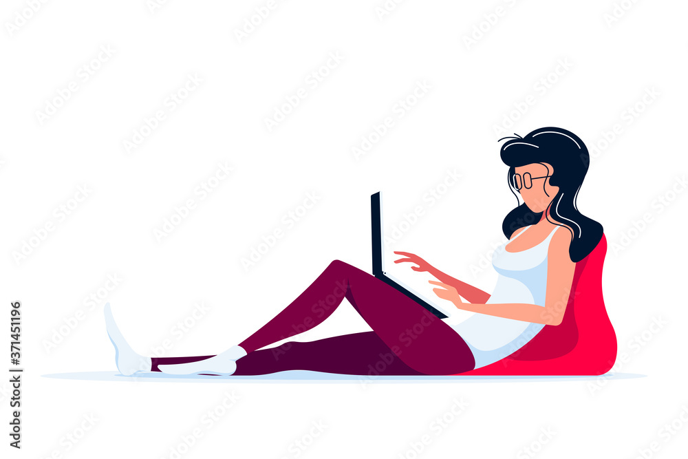 Young woman at home with laptop, flat style vector Young woman at home with laptop, flat style vector