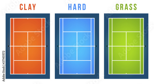 Vector Illustration set Of Tennis Court with different surface. Top View.