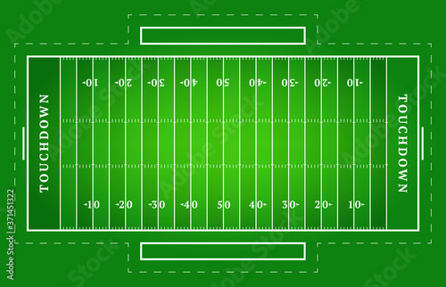 Flat green american football field. Top view of rugby field with line template. Vector stadium. © lunarts_studio