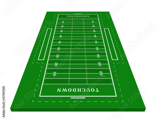 Perspective green american football field. View from front. Rugby field with line template. Vector illustration stadium.