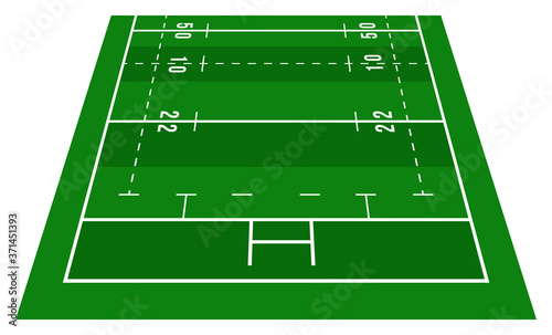 Perspective green rugby half field. View from front. Rugby field with line template. Vector illustration stadium.