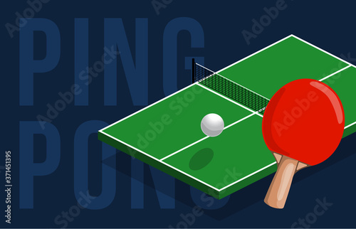 Table tennis center banner design. Isometric table for the ping pong. Vector illustration