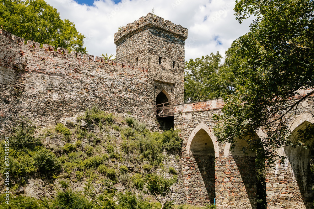 Stone walls with battlements, Castle Bitov, South Moravia Region, Czech Republic