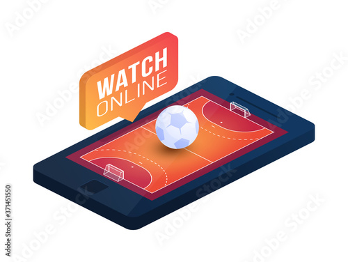 Handball field on phone screen online concept vector flat isometric illustration. Online handball flat isometric vector concept.