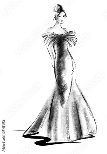 woman wearing a glamorous evening dress, elegant black and white fashion illustration, charcoal hand drawn illustration, set icon (ID: 371451572)