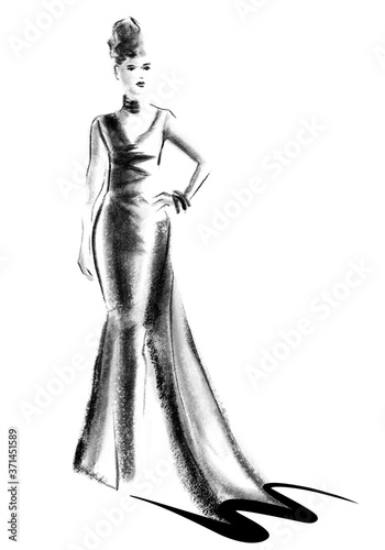 woman wearing a glamorous evening dress, retro style fashion illustration, black and white hand drawing, set-icon
 (ID: 371451589)