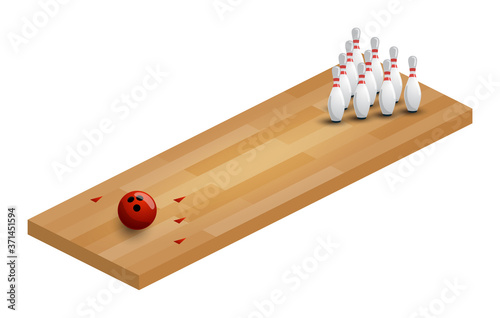 A vector illustration of a an isometric bowling alley. Bowling Alley Isometric with ball and pins
