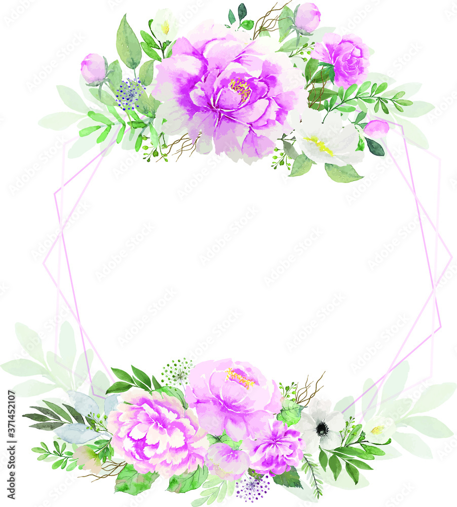 Vintage white and red flowers bouquet painting watercolor with pink polygon wire frames illustration vector