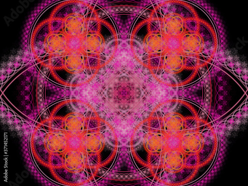 Fractal pattern with a combination of warm-colored circular structures on a black background