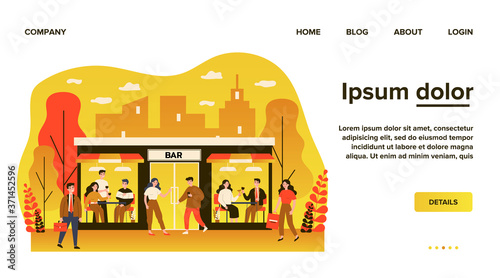 People walking to bar. Men and women drinking alcohol in pub, facade view flat vector illustration. Easing of lockdown, leisure concept for banner, website design or landing web page