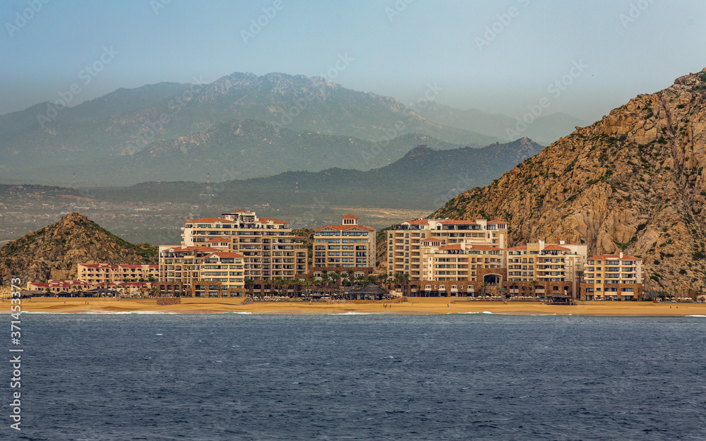 Aerial view of El Arco, at Cabo San Lucas. Rocky outcrops featuring a natural arch, are one of the most famous natural attractions of Mexico.